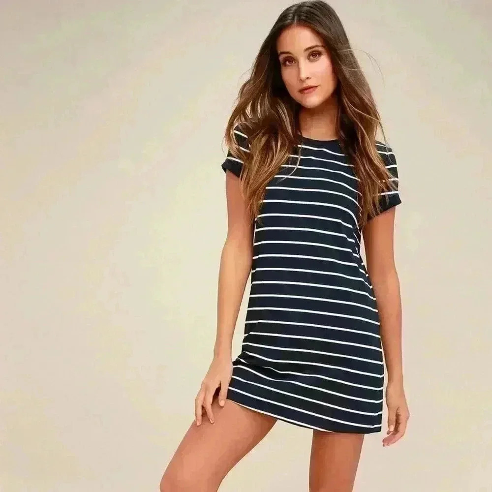 Lulus cafe Society Navy Blue Striped Shirt Dress fall comfy stretch knit - Picture 5 of 5